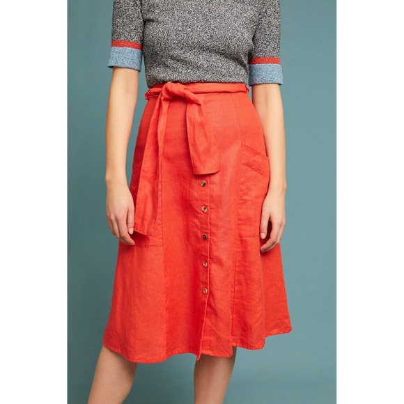 Anthropologie‎ Maeve Red-Orange Faithfull A-line Midi Tie-Waist Skirt 4 - Picture 10 of 12